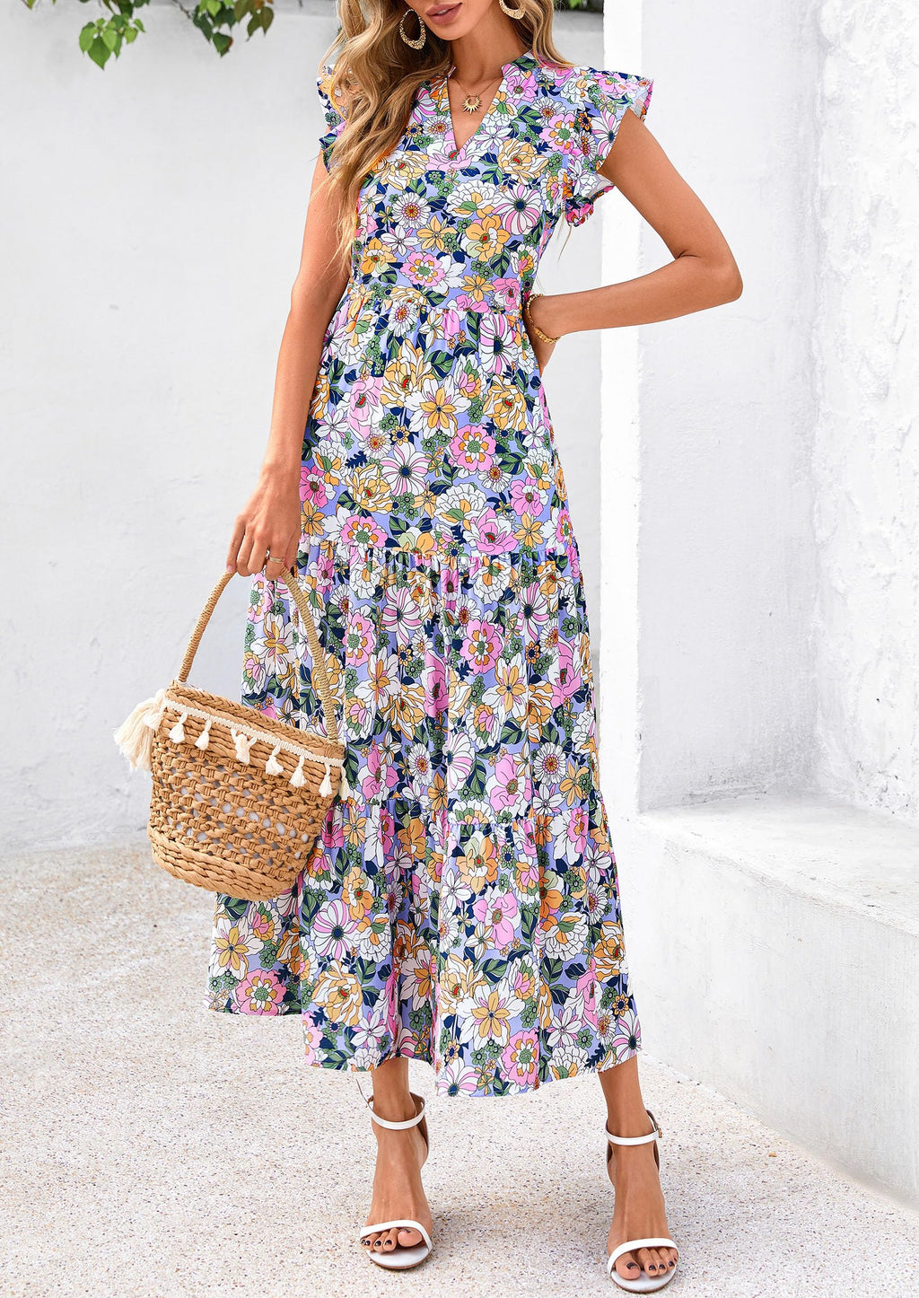 PRETTYGARDEN Women's Summer Floral Midi Dress Cap Sleeve V Neck Ruffle Long Flowy Boho Casual Beach Vacation Dresses