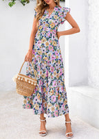 PRETTYGARDEN Women's Summer Floral Midi Dress Cap Sleeve V Neck Ruffle Long Flowy Boho Casual Beach Vacation Dresses