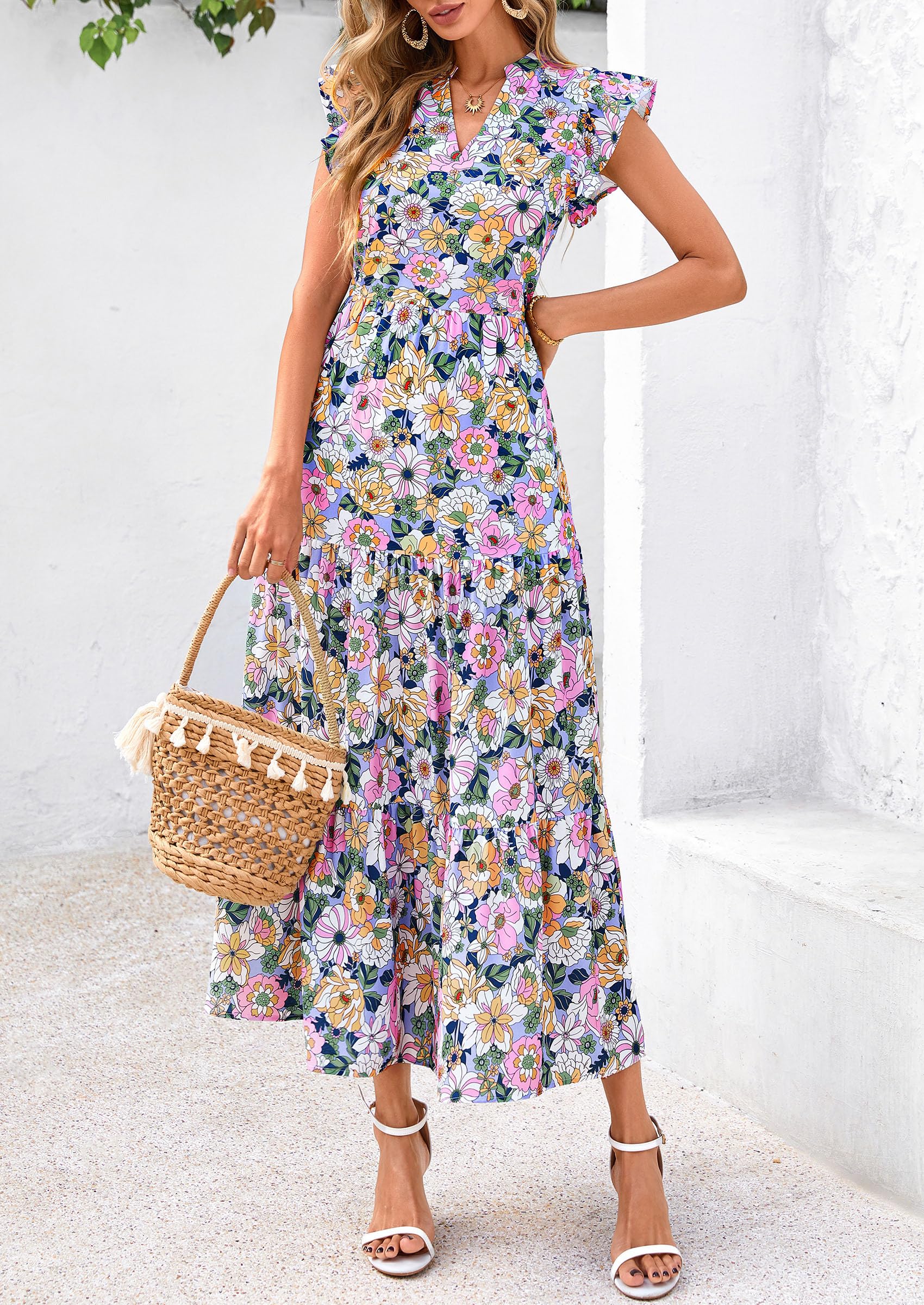 PRETTYGARDEN Women's Summer Floral Midi Dress Cap Sleeve V Neck Ruffle Long Flowy Boho Casual Beach Vacation Dresses