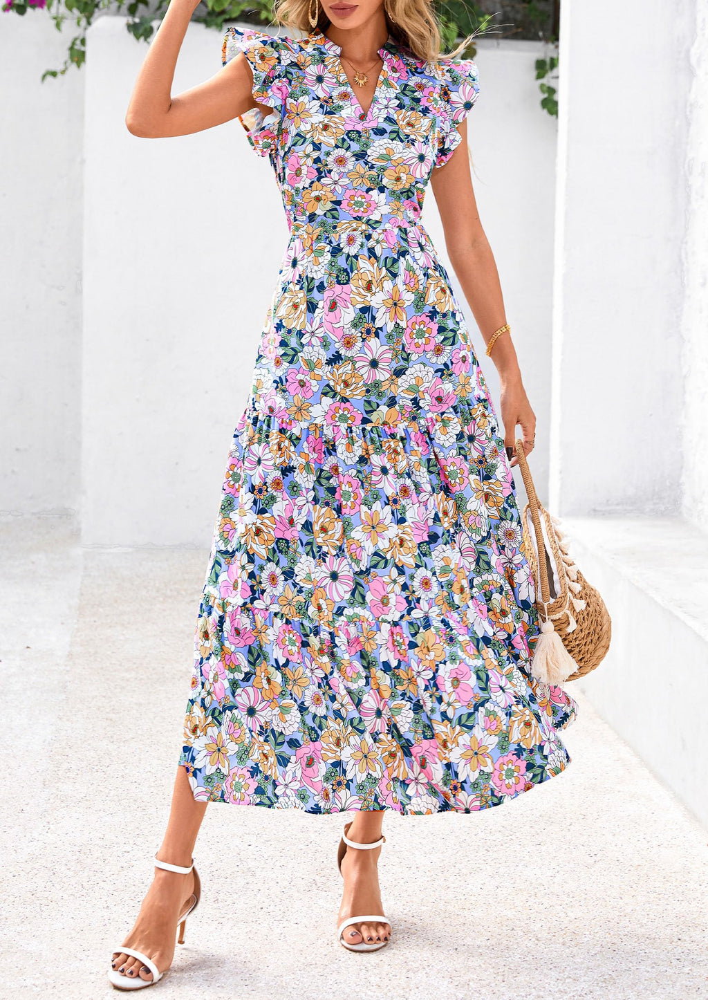 PRETTYGARDEN Women's Summer Floral Midi Dress Cap Sleeve V Neck Ruffle Long Flowy Boho Casual Beach Vacation Dresses