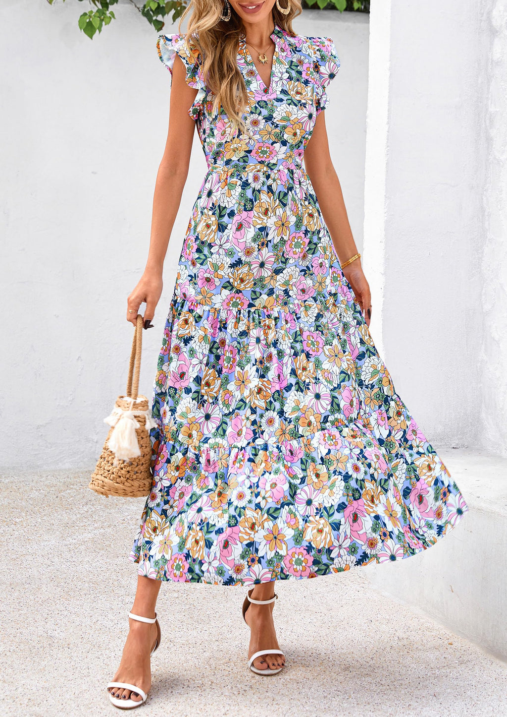 PRETTYGARDEN Women's Summer Floral Midi Dress Cap Sleeve V Neck Ruffle Long Flowy Boho Casual Beach Vacation Dresses
