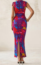 PRETTYGARDEN Women's Summer Maxi Floral Dresses Ruched Bodycon Sleeveless Mesh Formal Wedding Guest Cocktail Split Long Dress