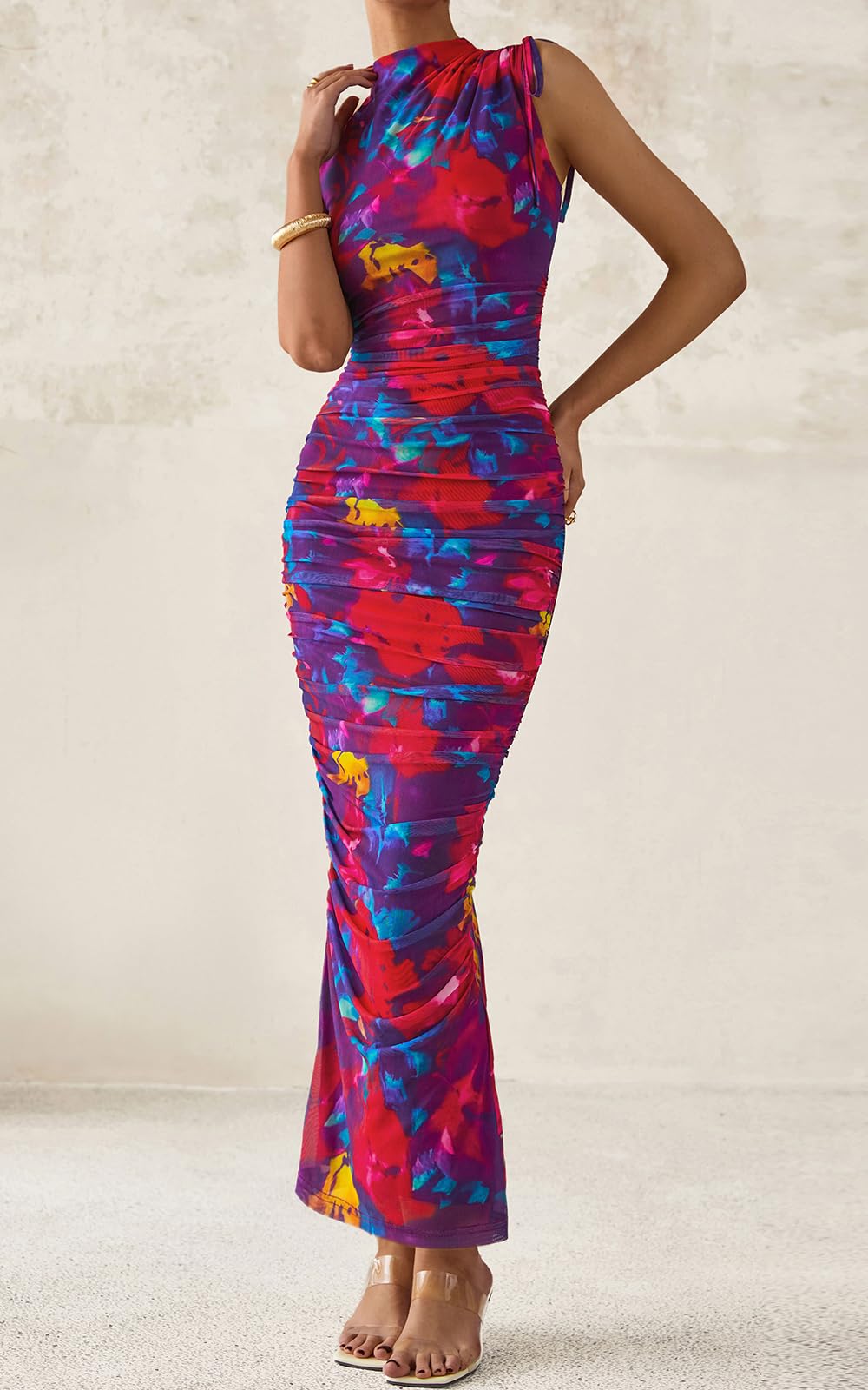 PRETTYGARDEN Women's Summer Maxi Floral Dresses Ruched Bodycon Sleeveless Mesh Formal Wedding Guest Cocktail Split Long Dress