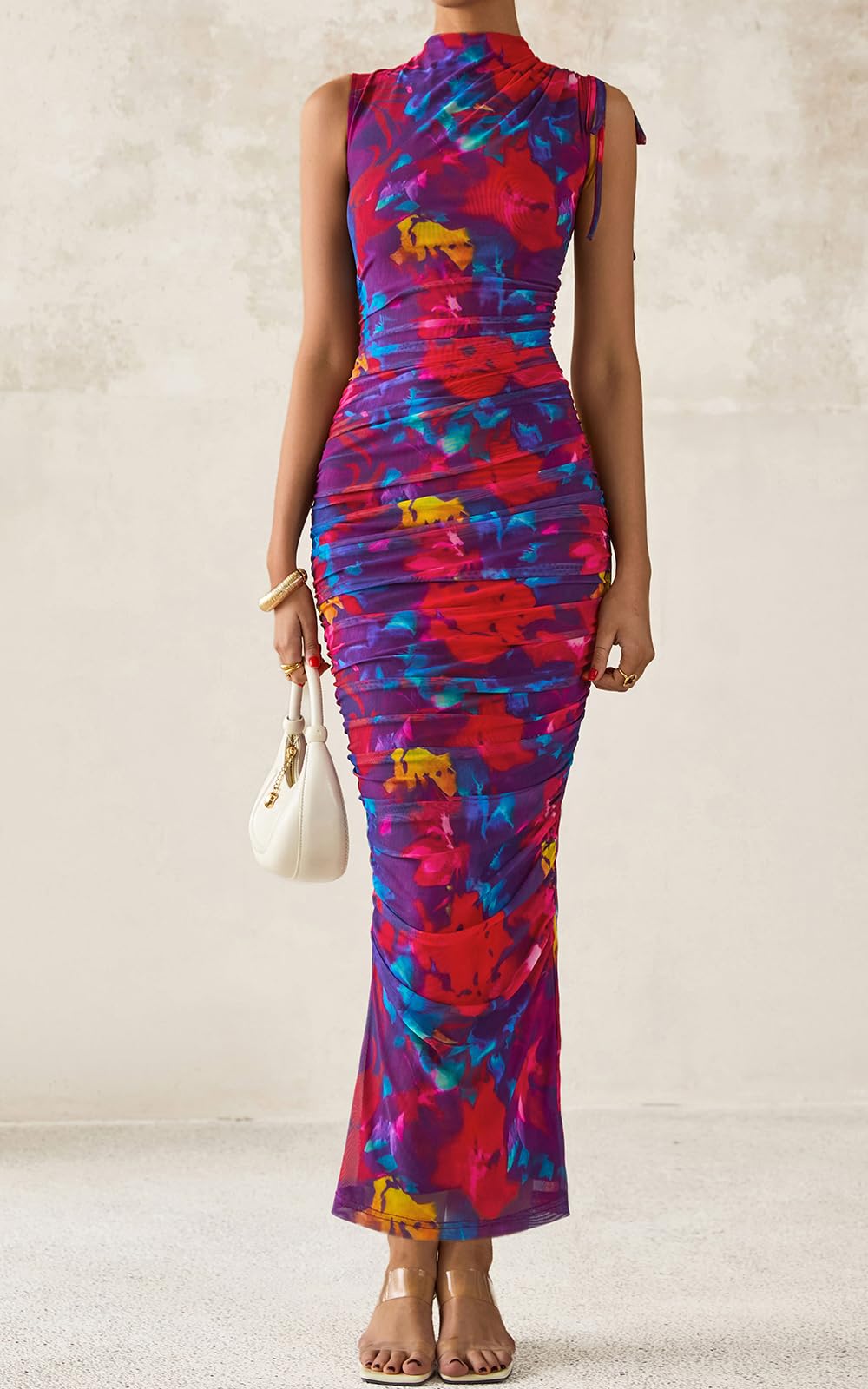 PRETTYGARDEN Women's Summer Maxi Floral Dresses Ruched Bodycon Sleeveless Mesh Formal Wedding Guest Cocktail Split Long Dress
