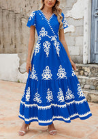 PRETTYGARDEN Womens Casual V Neck Boho Maxi Dress Flowy Aline Bell Sleeve Tiered Floral Dresses with Pocket