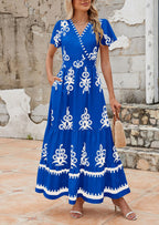 PRETTYGARDEN Womens Casual V Neck Boho Maxi Dress Flowy Aline Bell Sleeve Tiered Floral Dresses with Pocket
