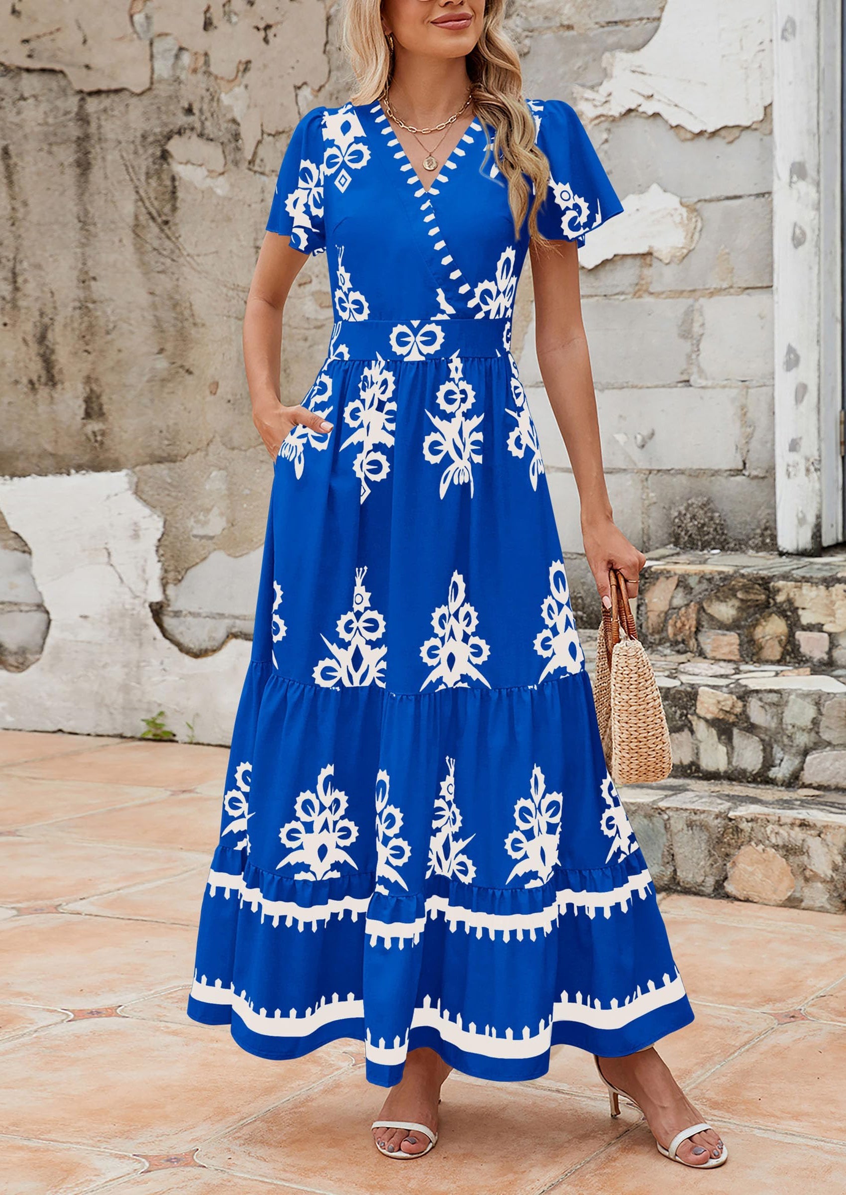 PRETTYGARDEN Womens Casual V Neck Boho Maxi Dress Flowy Aline Bell Sleeve Tiered Floral Dresses with Pocket