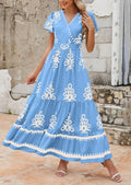 PRETTYGARDEN Womens Casual V Neck Boho Maxi Dress Flowy Aline Bell Sleeve Tiered Floral Dresses with Pocket