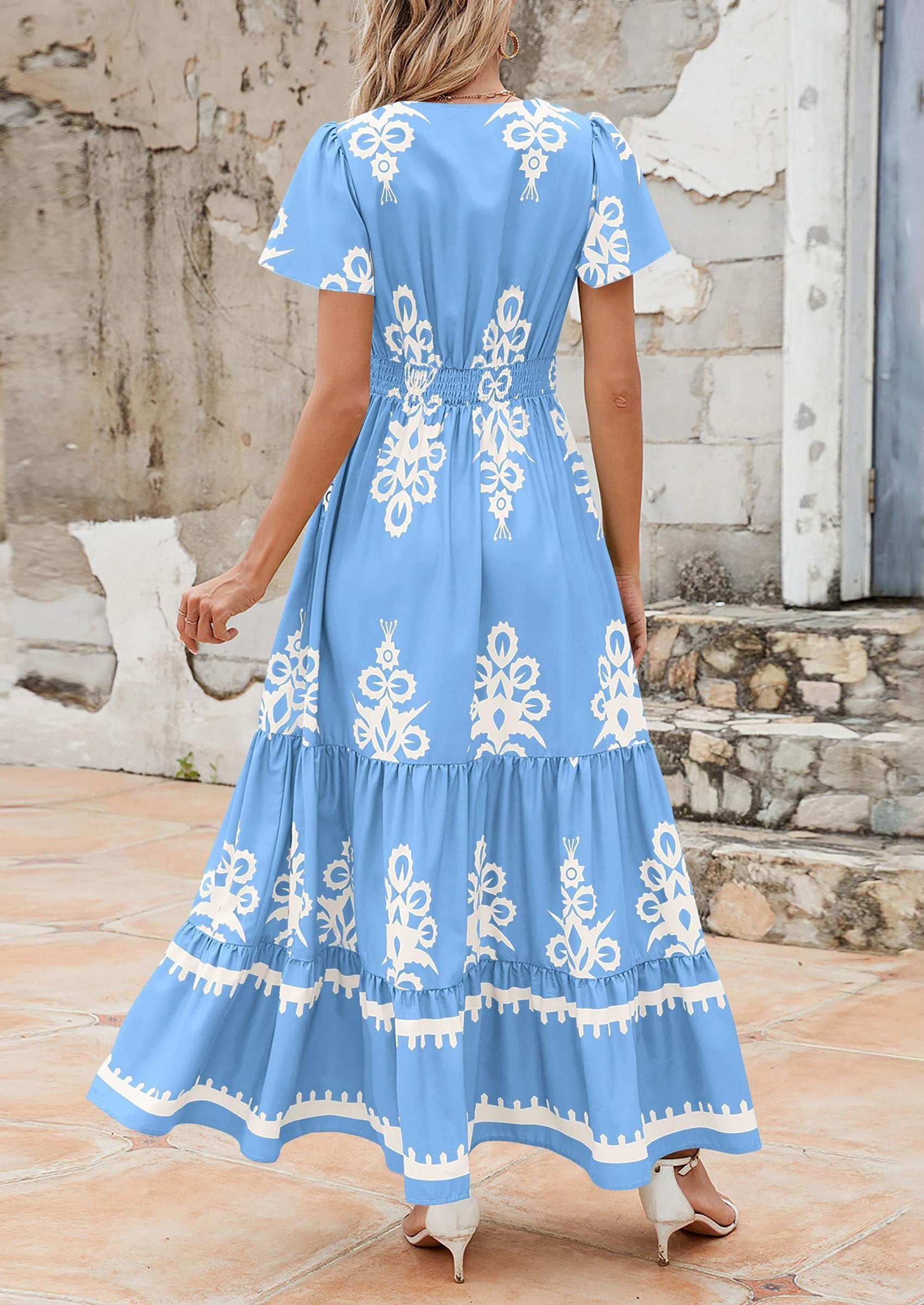 PRETTYGARDEN Womens Casual V Neck Boho Maxi Dress Flowy Aline Bell Sleeve Tiered Floral Dresses with Pocket