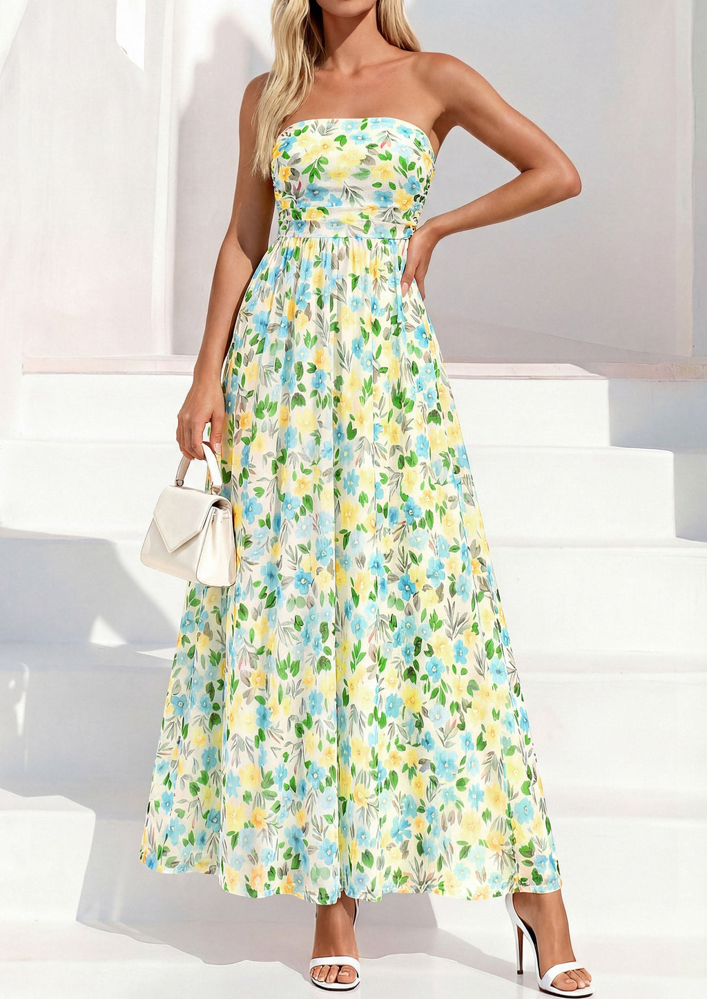PRETTYGARDEN Womens Boho Maxi Dress Summer Floral Tube Strapless Spring Wedding Guest Cocktail Long Dresses