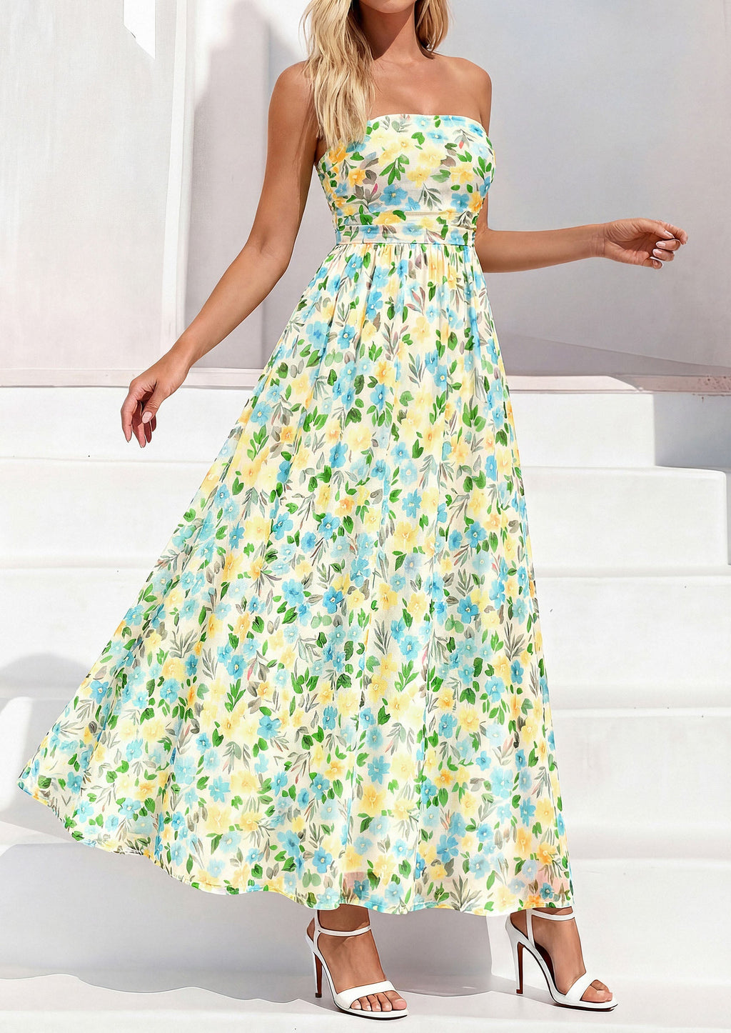 PRETTYGARDEN Womens Boho Maxi Dress Summer Floral Tube Strapless Spring Wedding Guest Cocktail Long Dresses