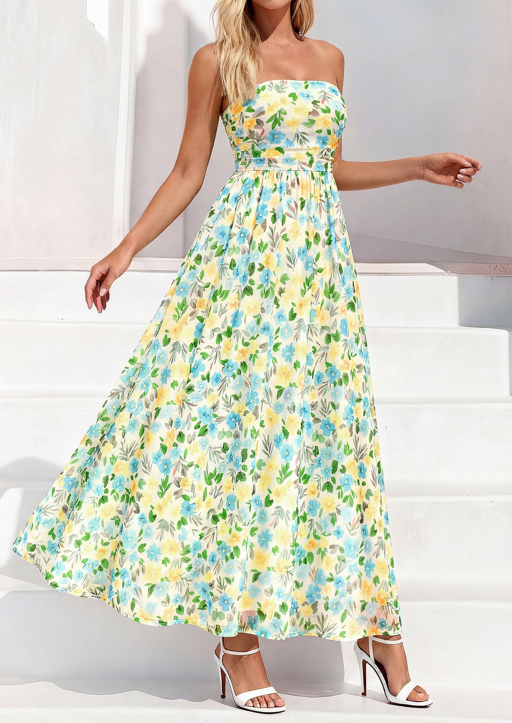 PRETTYGARDEN Womens Boho Maxi Dress Summer Floral Tube Strapless Spring Wedding Guest Cocktail Long Dresses
