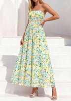 PRETTYGARDEN Womens Boho Maxi Dress Summer Floral Tube Strapless Spring Wedding Guest Cocktail Long Dresses