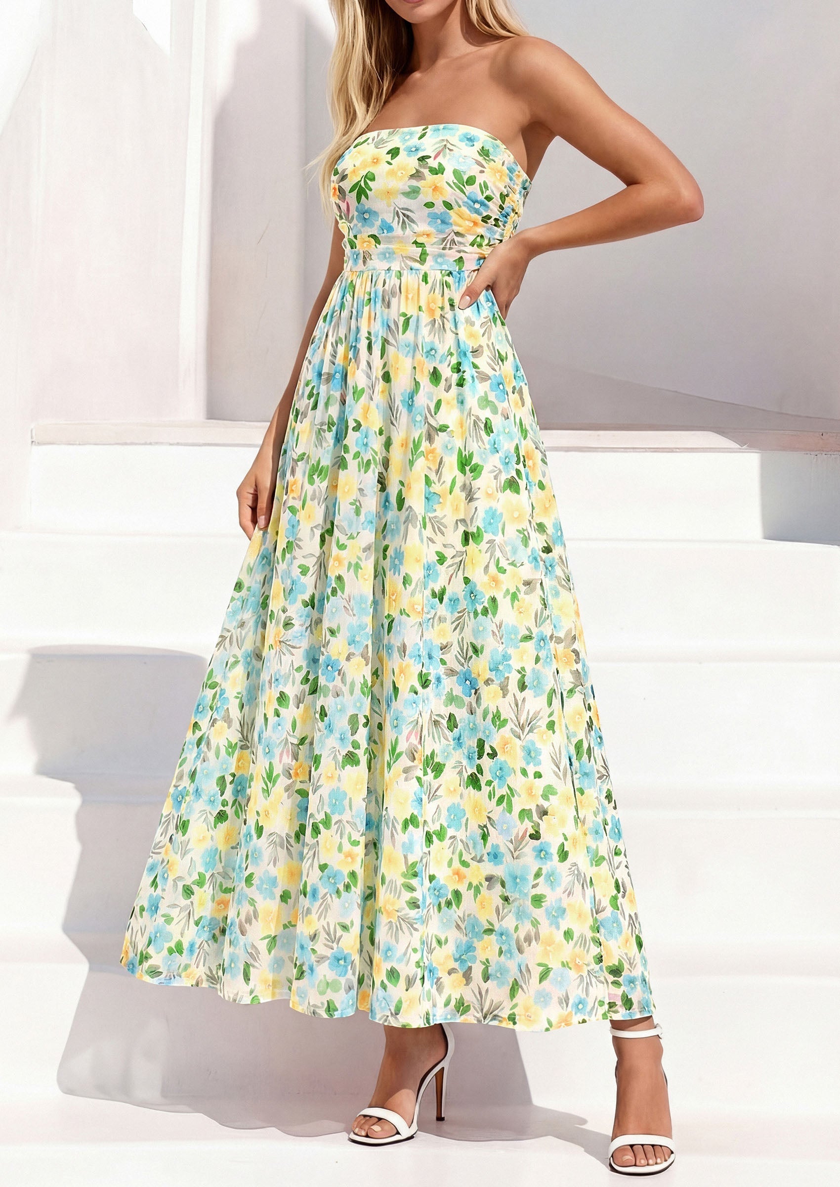 PRETTYGARDEN Womens Boho Maxi Dress Summer Floral Tube Strapless Spring Wedding Guest Cocktail Long Dresses