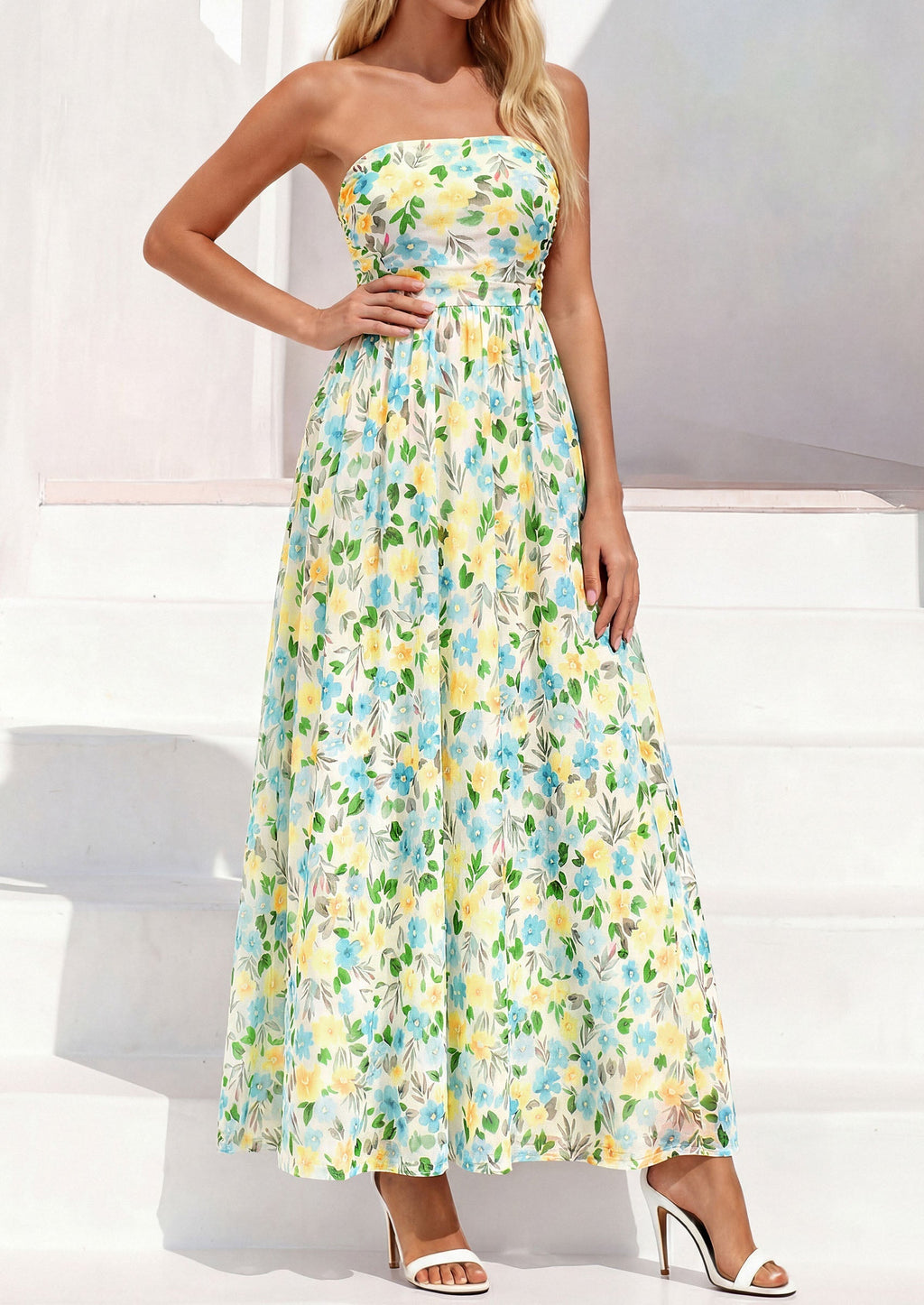 PRETTYGARDEN Womens Boho Maxi Dress Summer Floral Tube Strapless Spring Wedding Guest Cocktail Long Dresses
