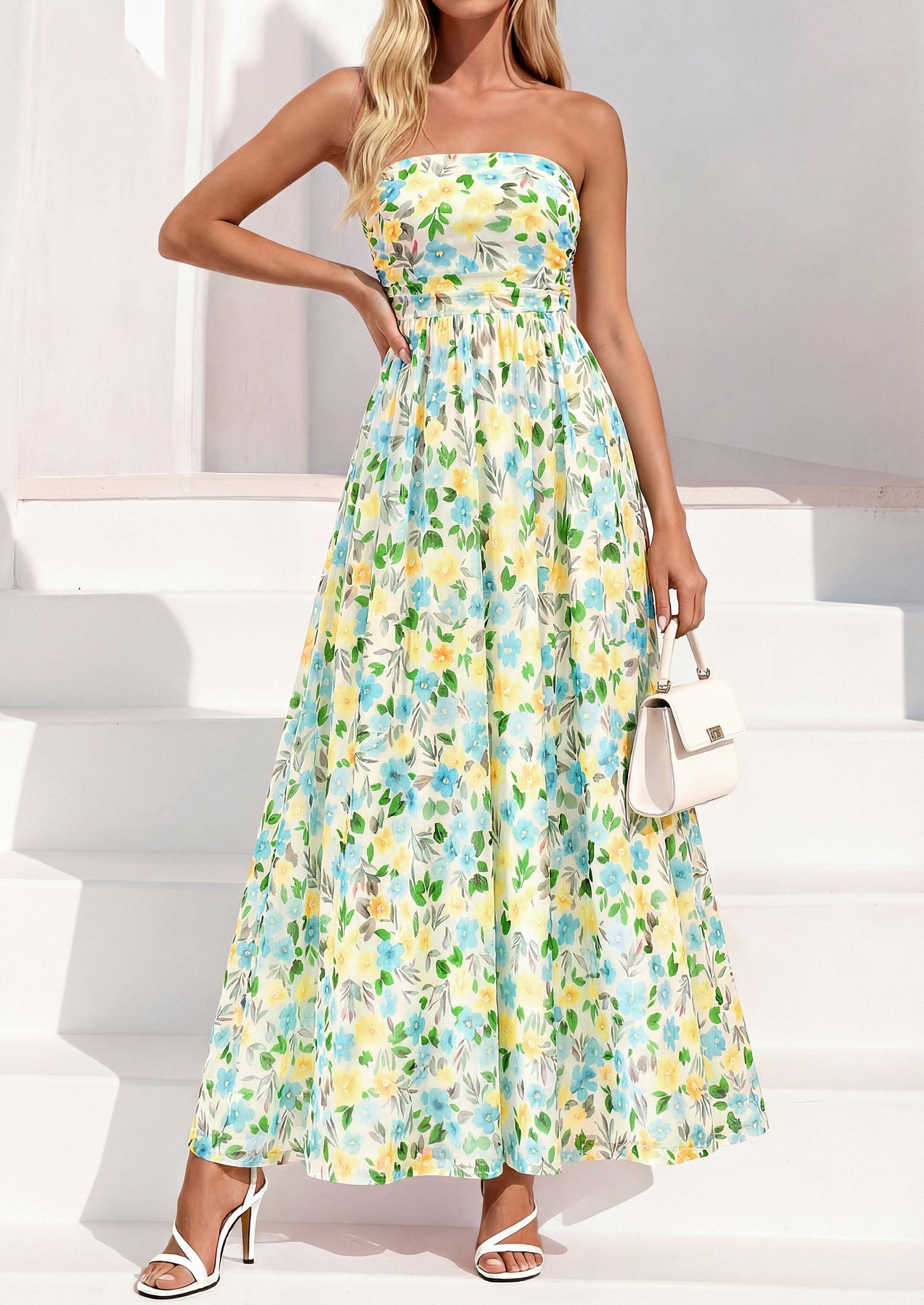 PRETTYGARDEN Womens Boho Maxi Dress Summer Floral Tube Strapless Spring Wedding Guest Cocktail Long Dresses
