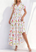 PRETTYGARDEN Women Summer Maxi Dresses Short Sleeve V Neck Button Floral Tiered Flowy Boho Sundress Beach Outfits