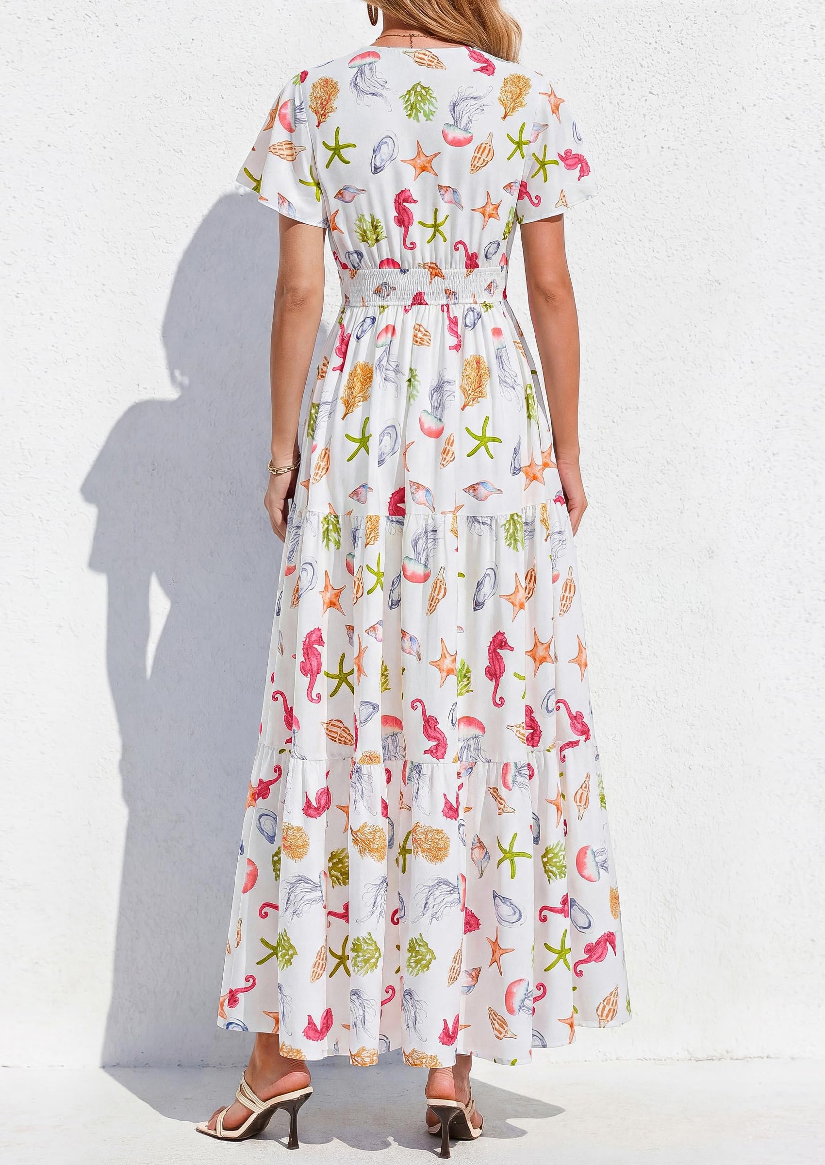 PRETTYGARDEN Women Summer Maxi Dresses Short Sleeve V Neck Button Floral Tiered Flowy Boho Sundress Beach Outfits