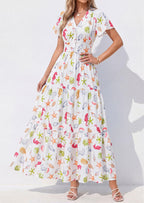 PRETTYGARDEN Women Summer Maxi Dresses Short Sleeve V Neck Button Floral Tiered Flowy Boho Sundress Beach Outfits