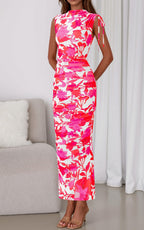 PRETTYGARDEN Women's Summer Maxi Floral Dresses Ruched Bodycon Sleeveless Mesh Formal Wedding Guest Cocktail Split Long Dress