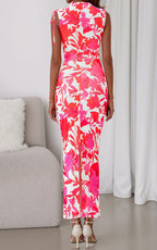 PRETTYGARDEN Women's Summer Maxi Floral Dresses Ruched Bodycon Sleeveless Mesh Formal Wedding Guest Cocktail Split Long Dress