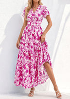 PRETTYGARDEN Women Summer Maxi Dresses Short Sleeve V Neck Button Floral Tiered Flowy Boho Sundress Beach Outfits