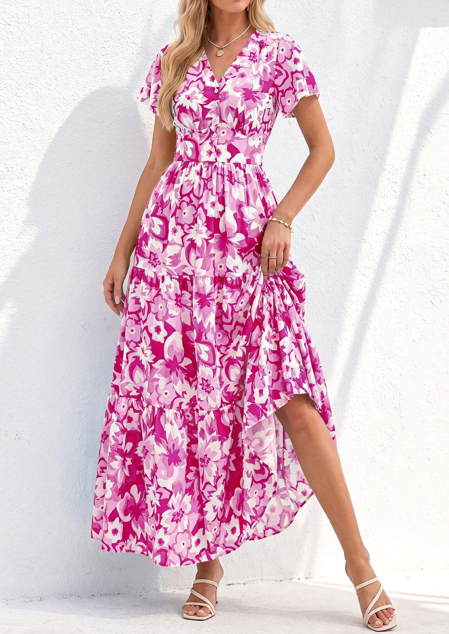 PRETTYGARDEN Women Summer Maxi Dresses Short Sleeve V Neck Button Floral Tiered Flowy Boho Sundress Beach Outfits