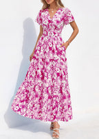 PRETTYGARDEN Women Summer Maxi Dresses Short Sleeve V Neck Button Floral Tiered Flowy Boho Sundress Beach Outfits