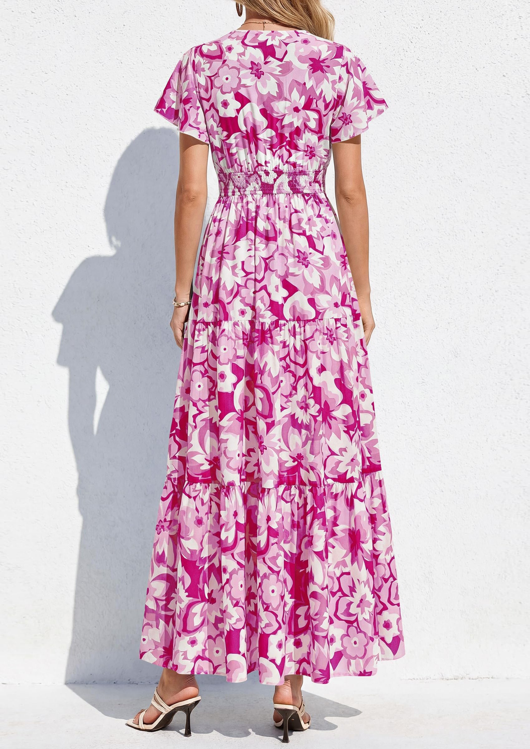PRETTYGARDEN Women Summer Maxi Dresses Short Sleeve V Neck Button Floral Tiered Flowy Boho Sundress Beach Outfits