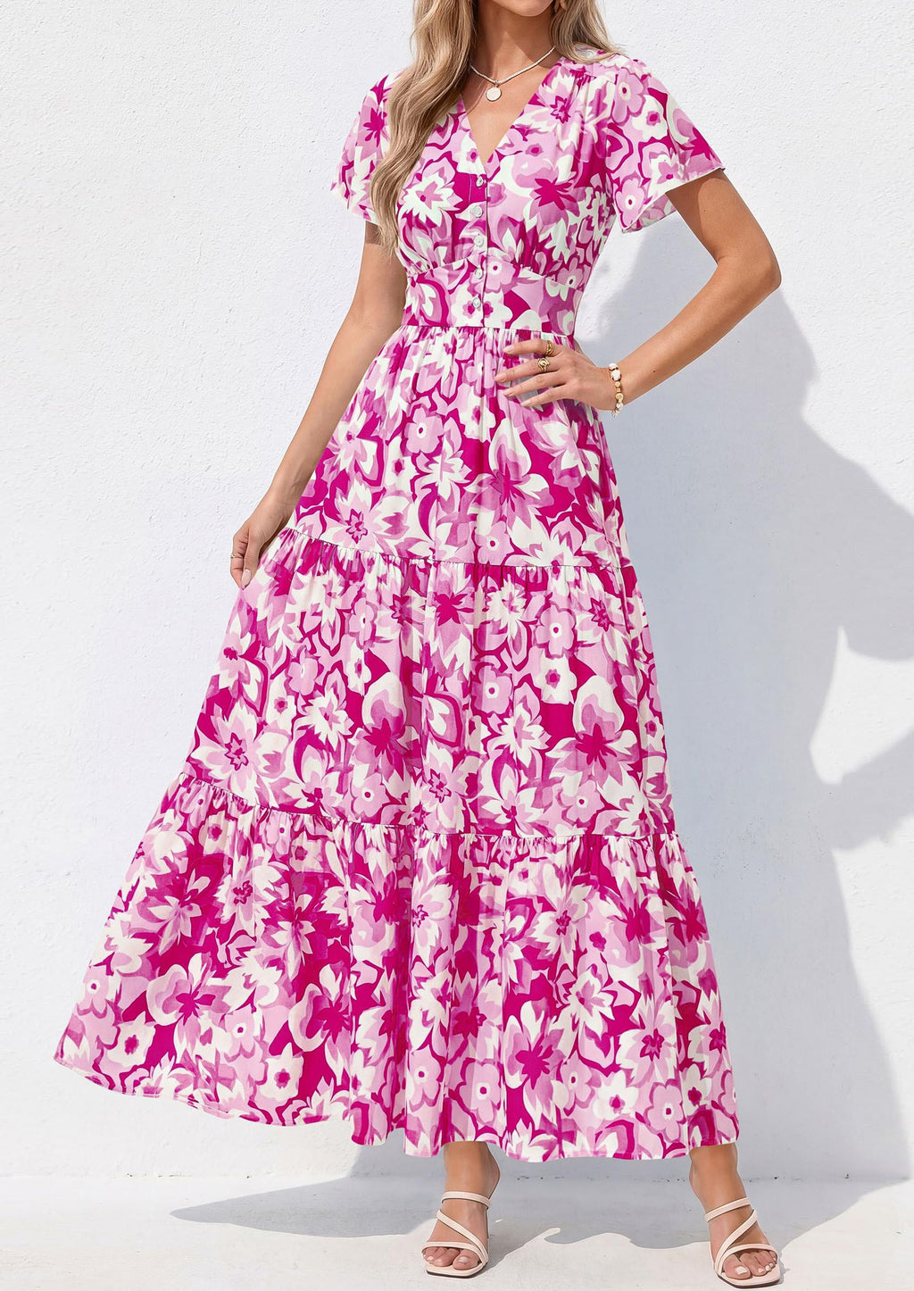 PRETTYGARDEN Women Summer Maxi Dresses Short Sleeve V Neck Button Floral Tiered Flowy Boho Sundress Beach Outfits