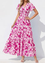 PRETTYGARDEN Women Summer Maxi Dresses Short Sleeve V Neck Button Floral Tiered Flowy Boho Sundress Beach Outfits