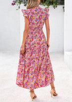 PRETTYGARDEN Women's Summer Floral Midi Dress Cap Sleeve V Neck Ruffle Long Flowy Boho Casual Beach Vacation Dresses