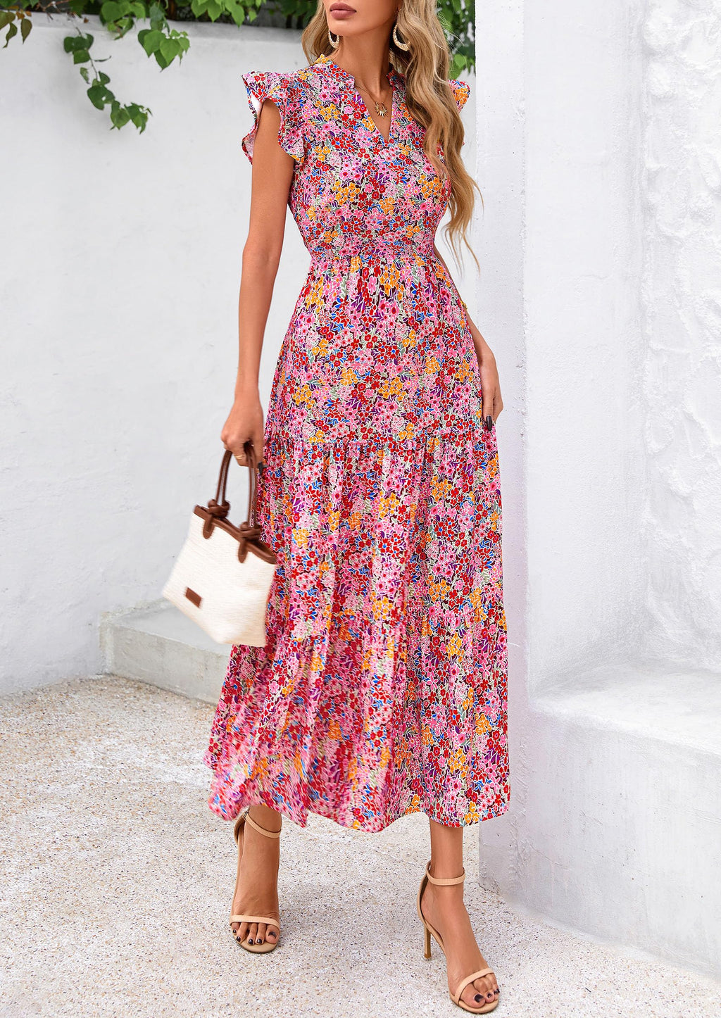 PRETTYGARDEN Women's Summer Floral Midi Dress Cap Sleeve V Neck Ruffle Long Flowy Boho Casual Beach Vacation Dresses