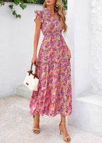 PRETTYGARDEN Women's Summer Floral Midi Dress Cap Sleeve V Neck Ruffle Long Flowy Boho Casual Beach Vacation Dresses
