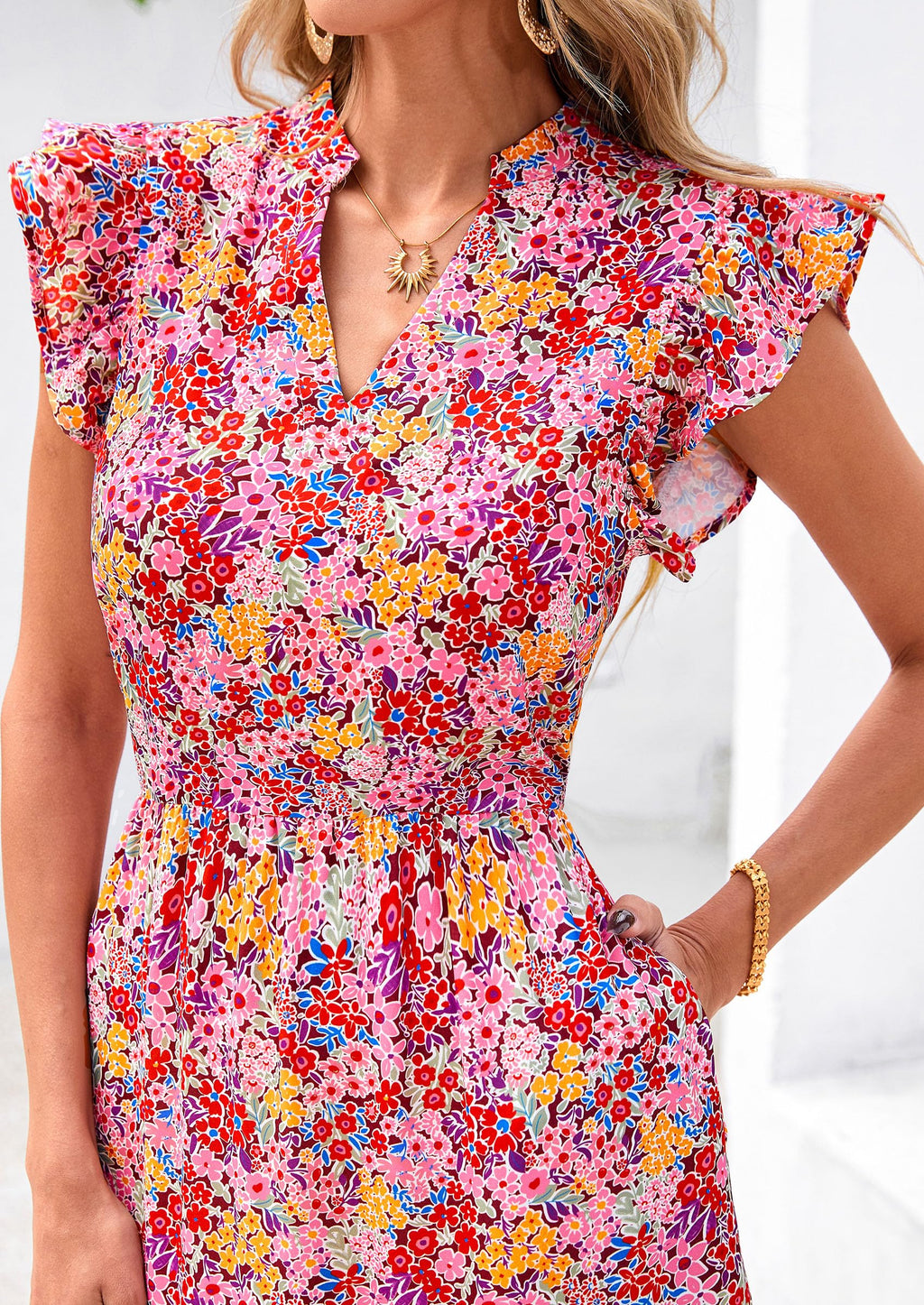 PRETTYGARDEN Women's Summer Floral Midi Dress Cap Sleeve V Neck Ruffle Long Flowy Boho Casual Beach Vacation Dresses
