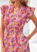 PRETTYGARDEN Women's Summer Floral Midi Dress Cap Sleeve V Neck Ruffle Long Flowy Boho Casual Beach Vacation Dresses