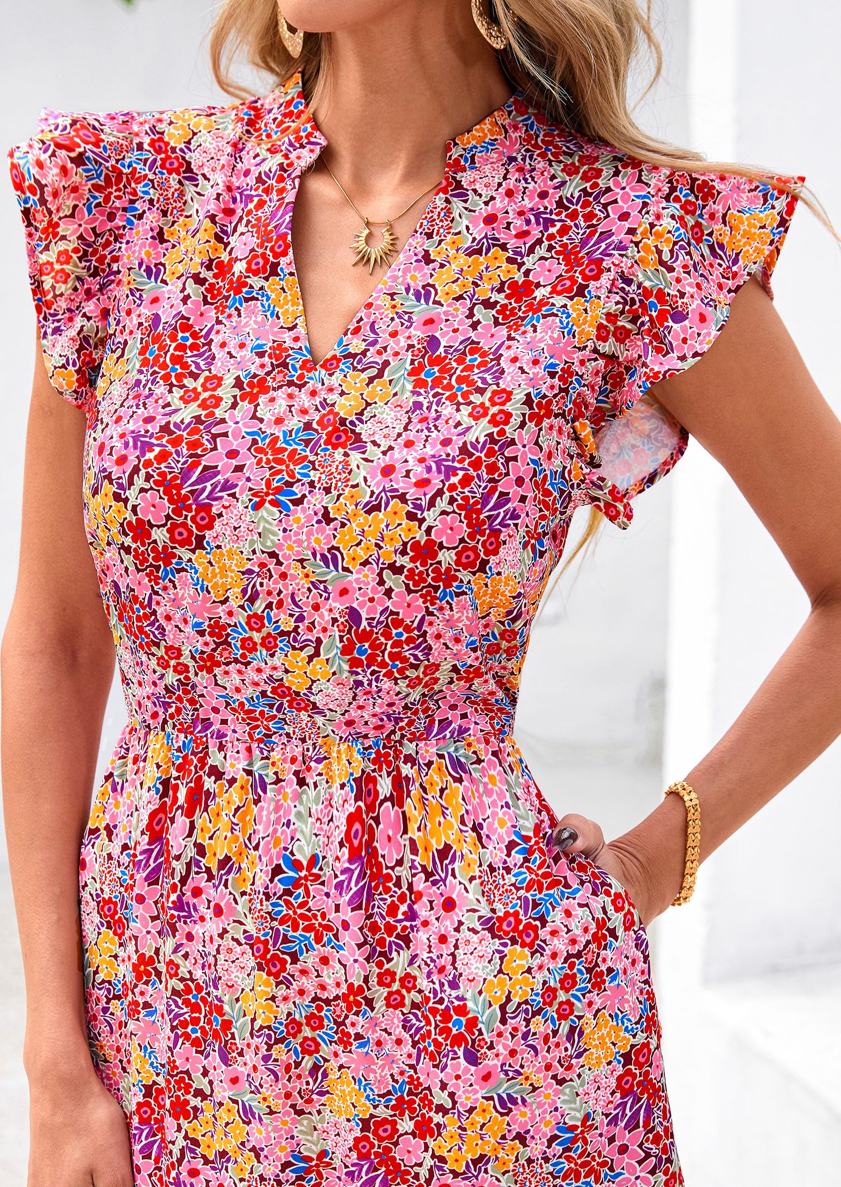 PRETTYGARDEN Women's Summer Floral Midi Dress Cap Sleeve V Neck Ruffle Long Flowy Boho Casual Beach Vacation Dresses