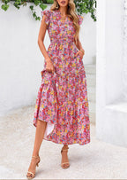 PRETTYGARDEN Women's Summer Floral Midi Dress Cap Sleeve V Neck Ruffle Long Flowy Boho Casual Beach Vacation Dresses