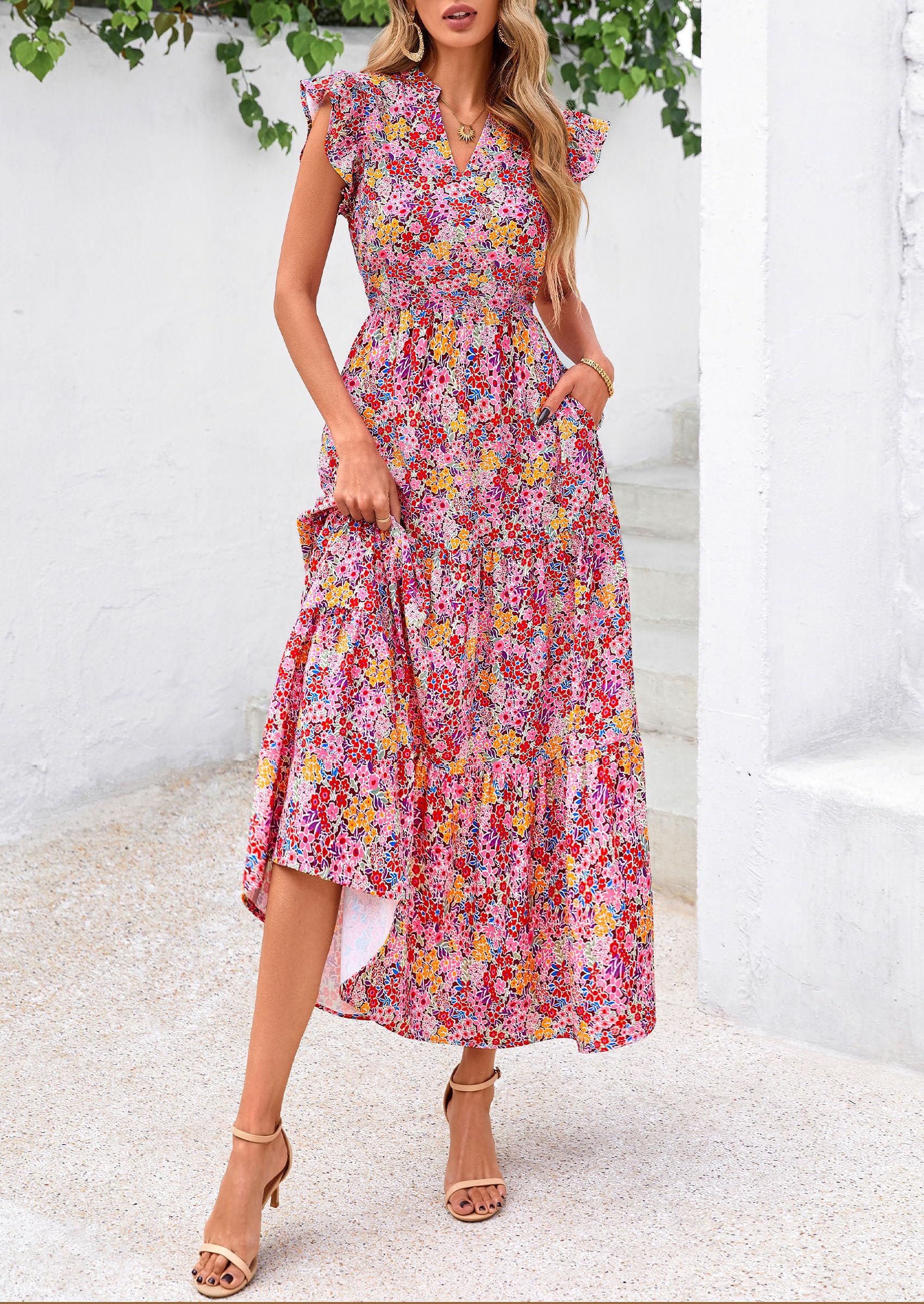 PRETTYGARDEN Women's Summer Floral Midi Dress Cap Sleeve V Neck Ruffle Long Flowy Boho Casual Beach Vacation Dresses