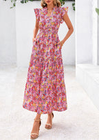 PRETTYGARDEN Women's Summer Floral Midi Dress Cap Sleeve V Neck Ruffle Long Flowy Boho Casual Beach Vacation Dresses
