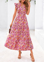 PRETTYGARDEN Women's Summer Floral Midi Dress Cap Sleeve V Neck Ruffle Long Flowy Boho Casual Beach Vacation Dresses