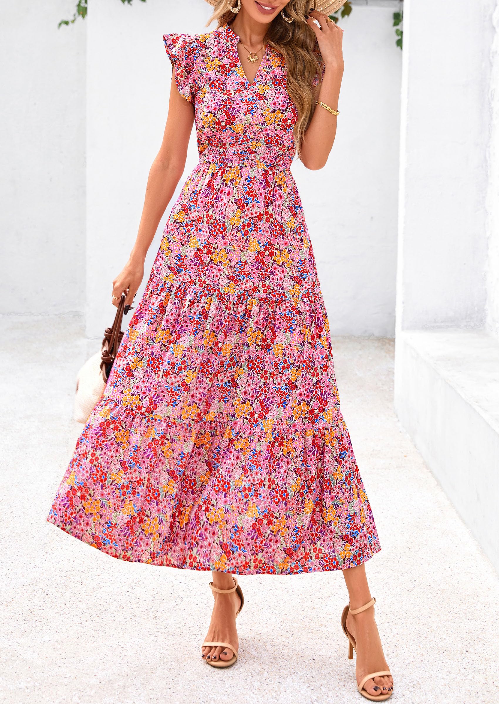PRETTYGARDEN Women's Summer Floral Midi Dress Cap Sleeve V Neck Ruffle Long Flowy Boho Casual Beach Vacation Dresses