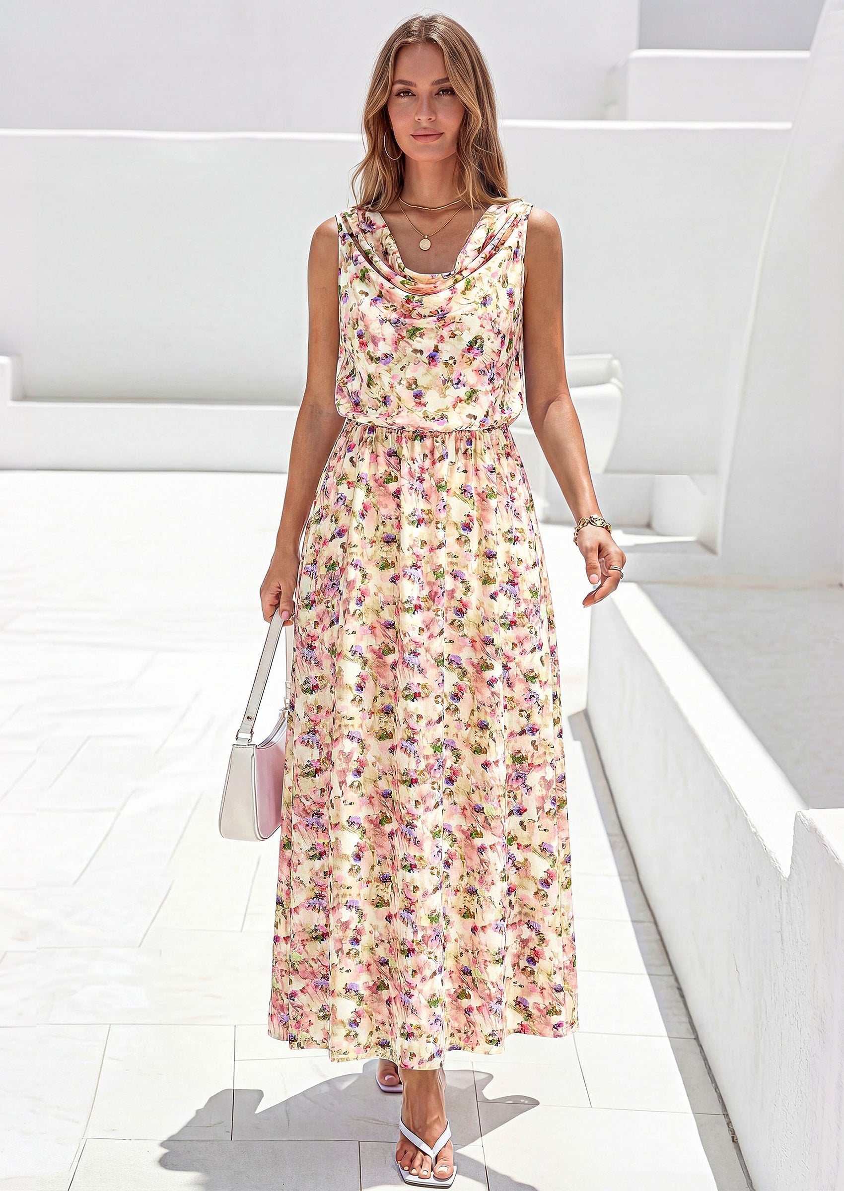 PRETTYGARDEN Womens Summer Floral Maxi Dresses Spring Sleeveless Cowl Neck Flowy Beach Vacation Wedding Guest Long Dress