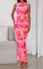 PRETTYGARDEN Women's Summer Maxi Floral Dresses Ruched Bodycon Sleeveless Mesh Formal Wedding Guest Cocktail Split Long Dress