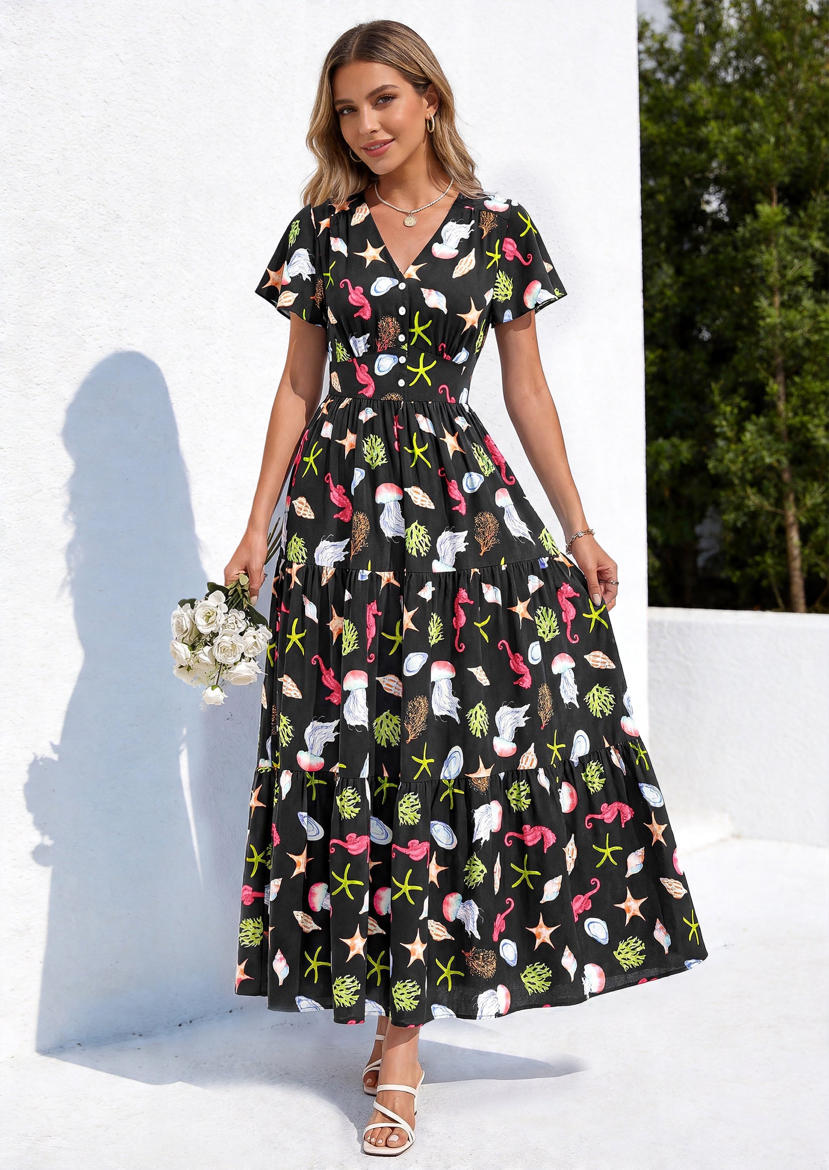 PRETTYGARDEN Women Summer Maxi Dresses Short Sleeve V Neck Button Floral Tiered Flowy Boho Sundress Beach Outfits