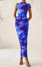 PRETTYGARDEN Women's Summer Maxi Floral Dresses Ruched Bodycon Sleeveless Mesh Formal Wedding Guest Cocktail Split Long Dress