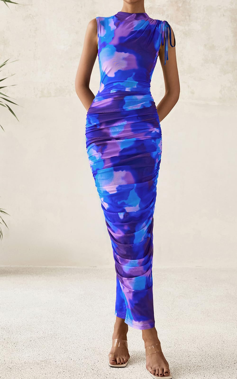 PRETTYGARDEN Women's Summer Maxi Floral Dresses Ruched Bodycon Sleeveless Mesh Formal Wedding Guest Cocktail Split Long Dress