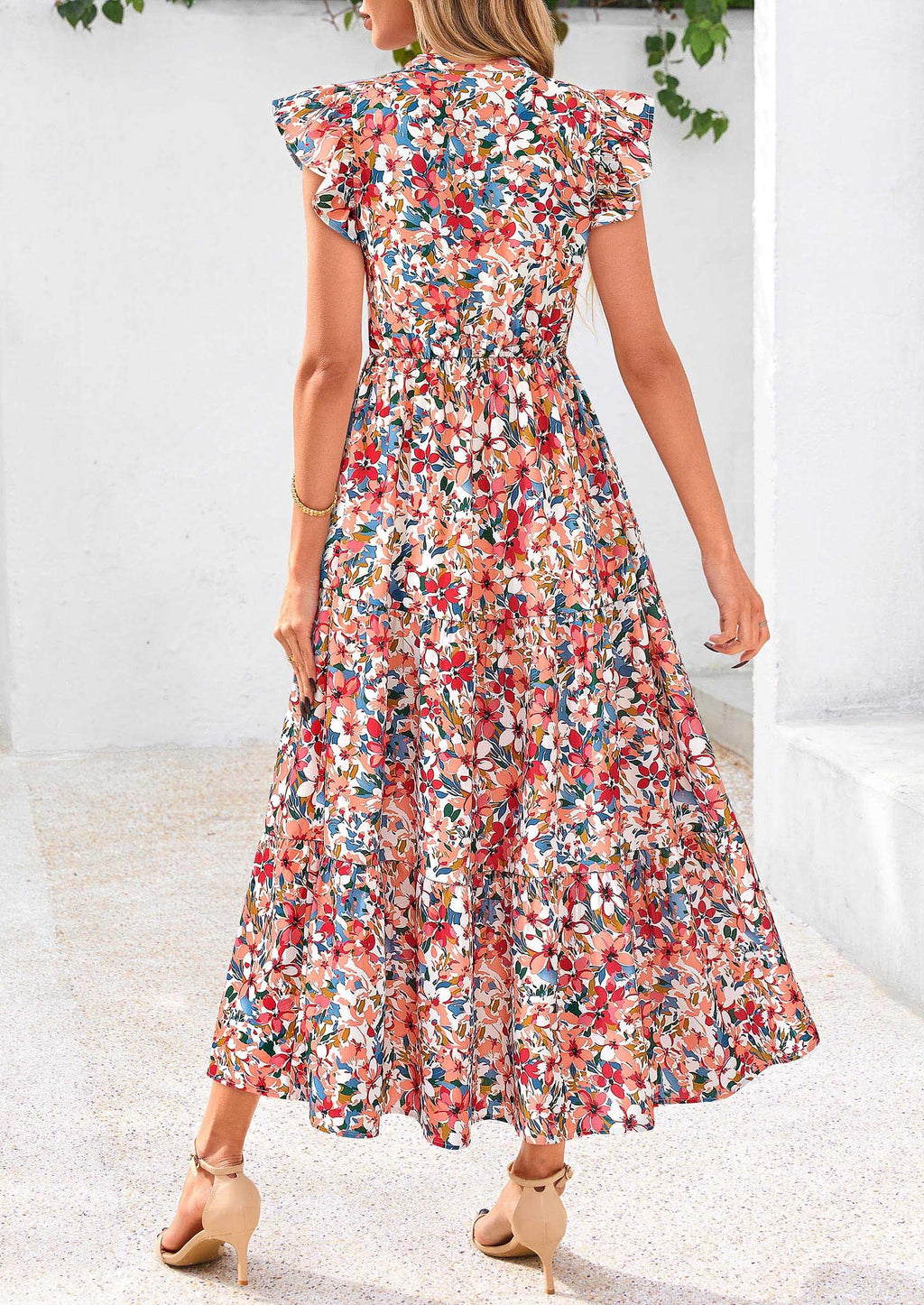 PRETTYGARDEN Women's Summer Floral Midi Dress Cap Sleeve V Neck Ruffle Long Flowy Boho Casual Beach Vacation Dresses