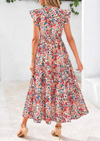 PRETTYGARDEN Women's Summer Floral Midi Dress Cap Sleeve V Neck Ruffle Long Flowy Boho Casual Beach Vacation Dresses
