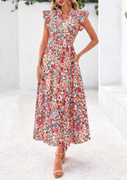 PRETTYGARDEN Women's Summer Floral Midi Dress Cap Sleeve V Neck Ruffle Long Flowy Boho Casual Beach Vacation Dresses